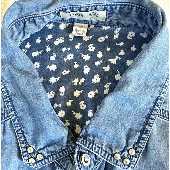 Per Se Shirt Denim Studs Roll Flip Sleeve Floral Blue 1X Button Hippie Boho Y2K - Picture 3 of 16